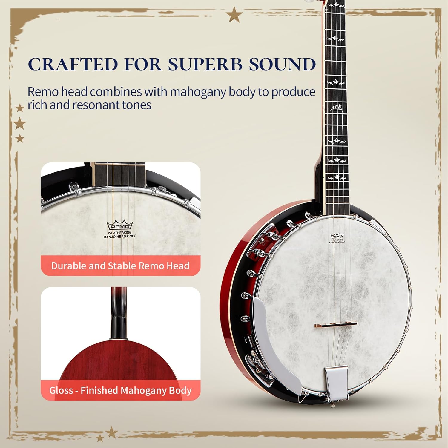 AKLOT Full-Sized Banjo Set: 38'' 5 String Banjo with Remo Head, Removable Resonator, Geared 5th Tuner, 24 Brackets, Deluxe Beginner Kit with Gig Bag, Strings, Strap, Picks, Tuner, Bridge Ruler
