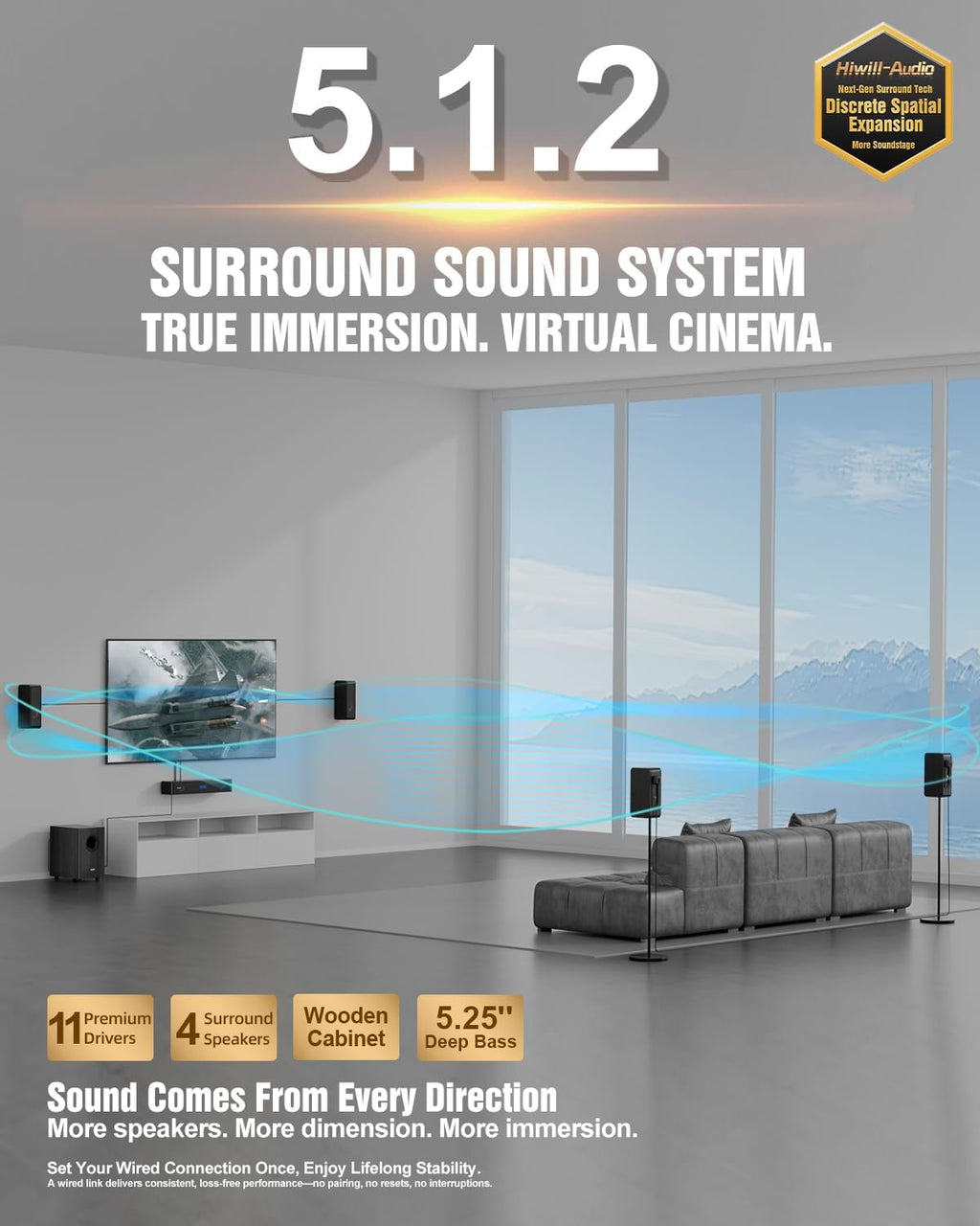 Wooden 5.1.2 Sound Bars, 4 Surround Speakers Wired, Virtual Surround Sound System, Soundbar for Smart TV Speaker w/5.25'' Wired Subwoofer, Home Theater, ARC/Opt/BT/AUX, HiPulse N512