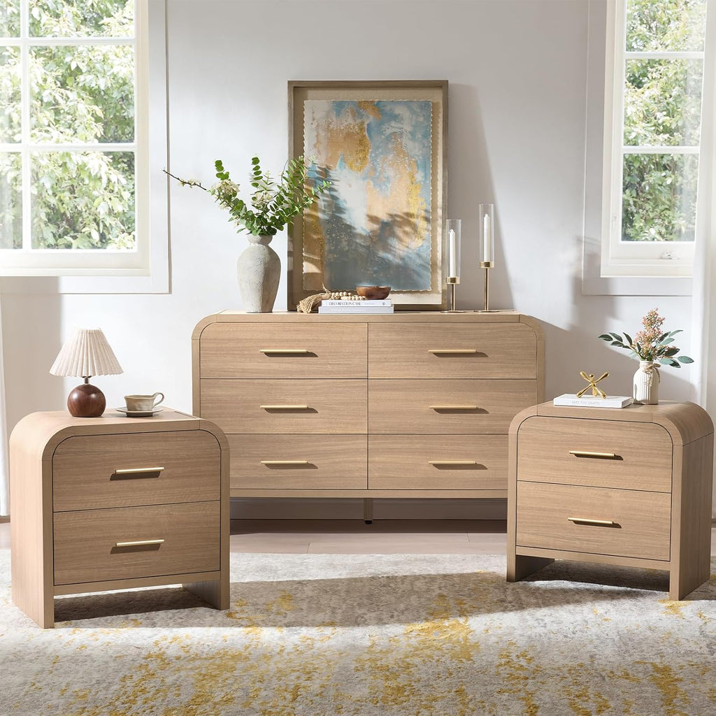 3-Piece Modern Bedroom Furniture Set, 6-Drawer& 2-Drawer Nightstands Set of 2, Unique Curved Design Wooden Dresser and Nightstand Sets for Bedroom, Hallway, Oak