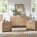 3-Piece Modern Bedroom Furniture Set, 6-Drawer& 2-Drawer Nightstands Set of 2, Unique Curved Design Wooden Dresser and Nightstand Sets for Bedroom, Hallway, Oak