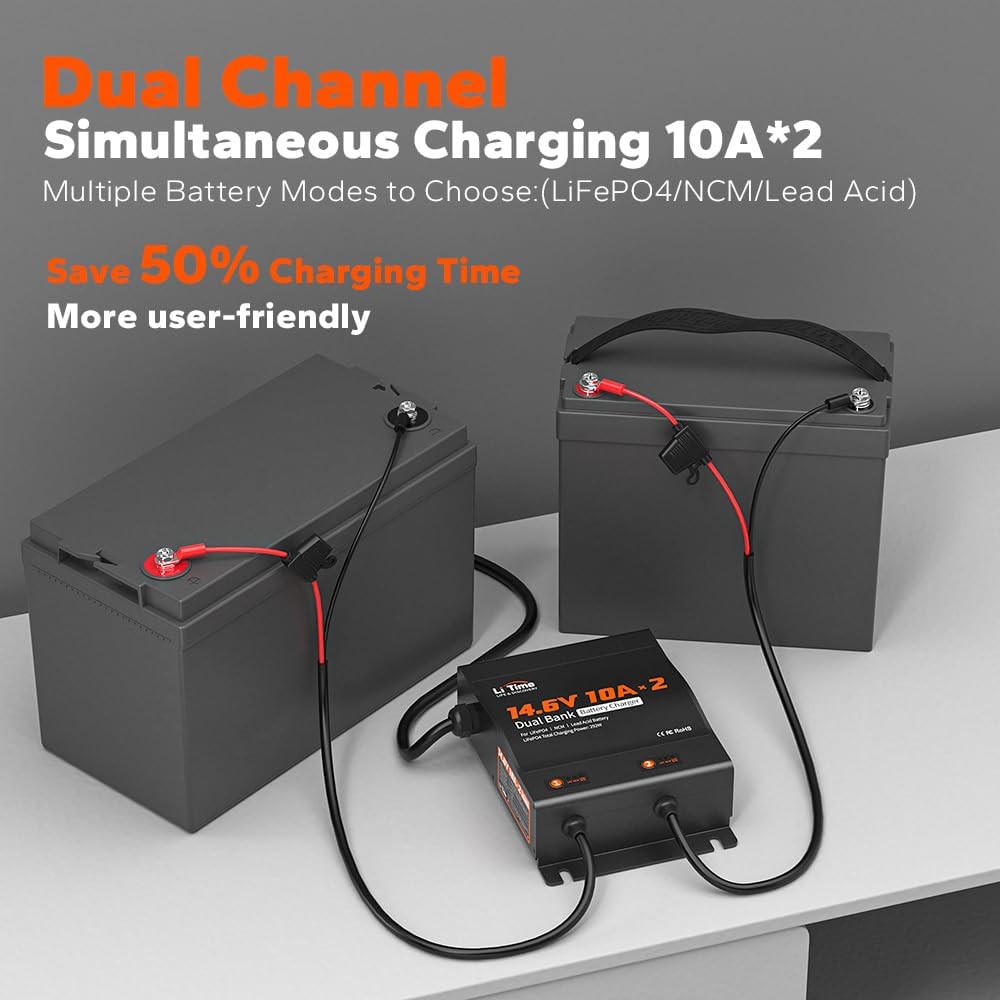 LiTime 2-Bank 10A (10A/Bank) Dual Smart Battery Charger, 14.6V LiFePO4 Battery Charger AC-DC Charger with Fuse, LED Indicator for RV, Boat, Motorcycle, Lawn Mower, Trolling motor and Lead Acid Battery