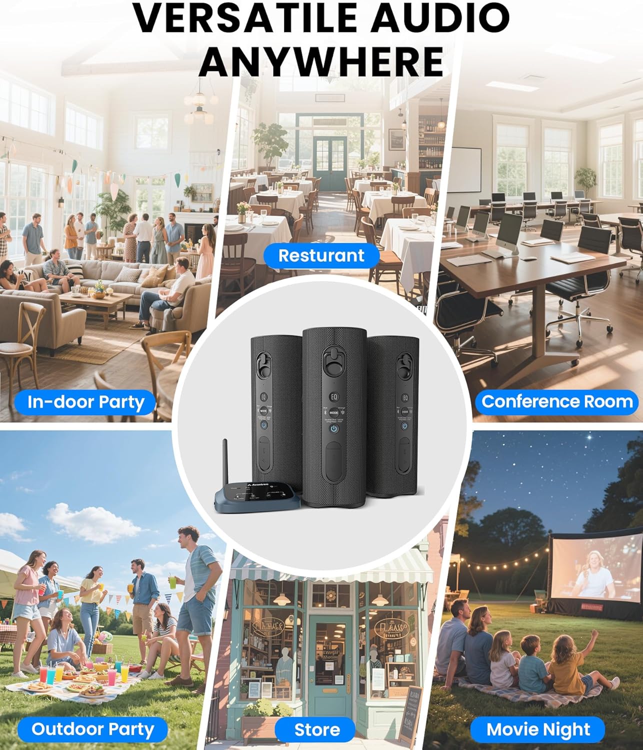 Avantree Harmony A1 - Auracast Multi-Room Wireless Speaker System for Music, Parties & House Gatherings, 1 Transmitter with 4 Auracast Bluetooth Speakers
