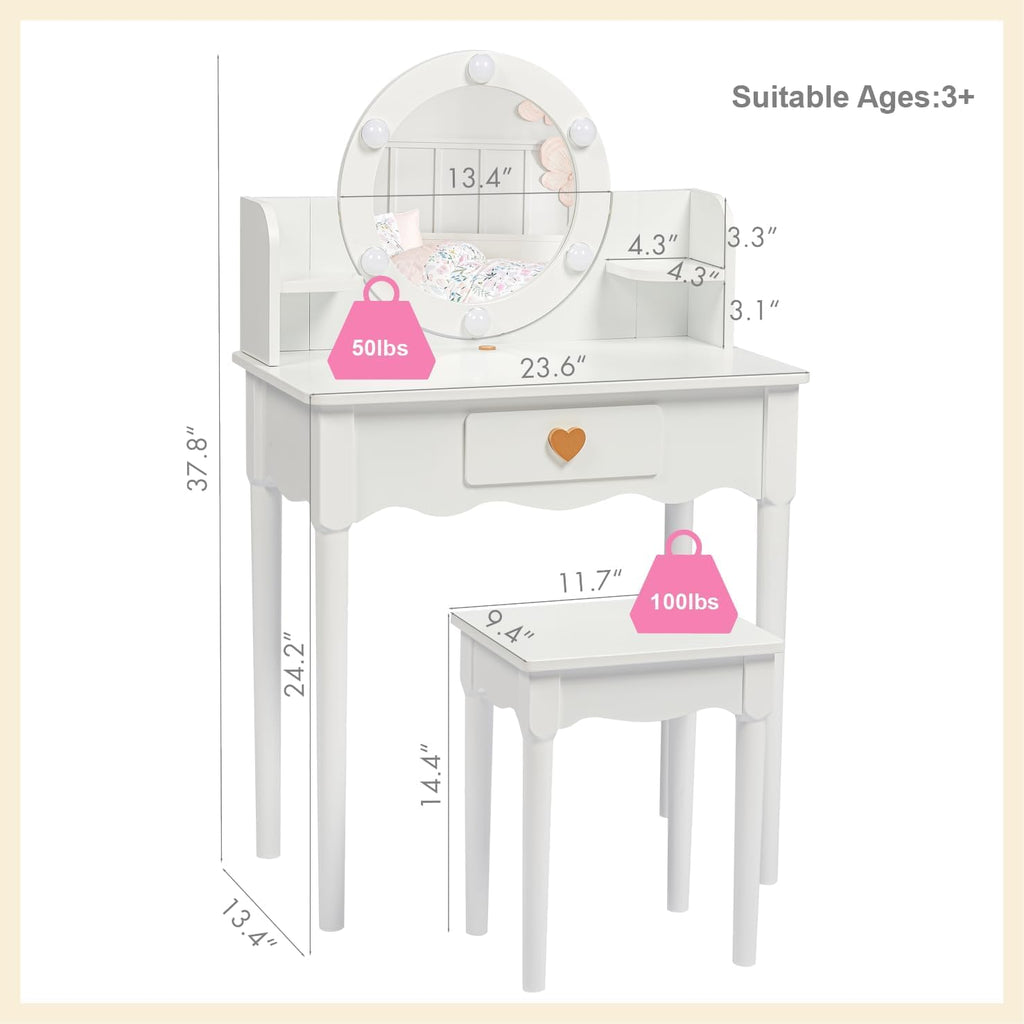 UTEX Kids Vanity, Girls Vanity Set with Mirror and Stool and Lights, Kids Vanity Table and Chair Set,Wooden Princess Makeup Desk Dressing Table, White