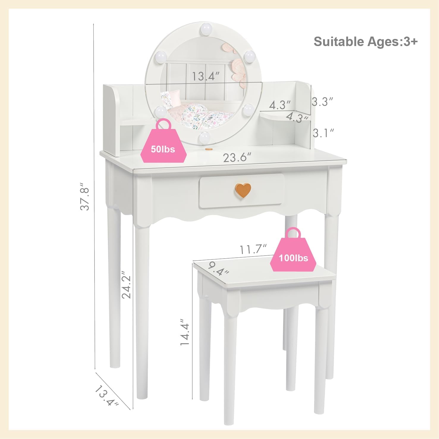 UTEX Kids Vanity, Girls Vanity Set with Mirror and Stool and Lights, Kids Vanity Table and Chair Set,Wooden Princess Makeup Desk Dressing Table, White