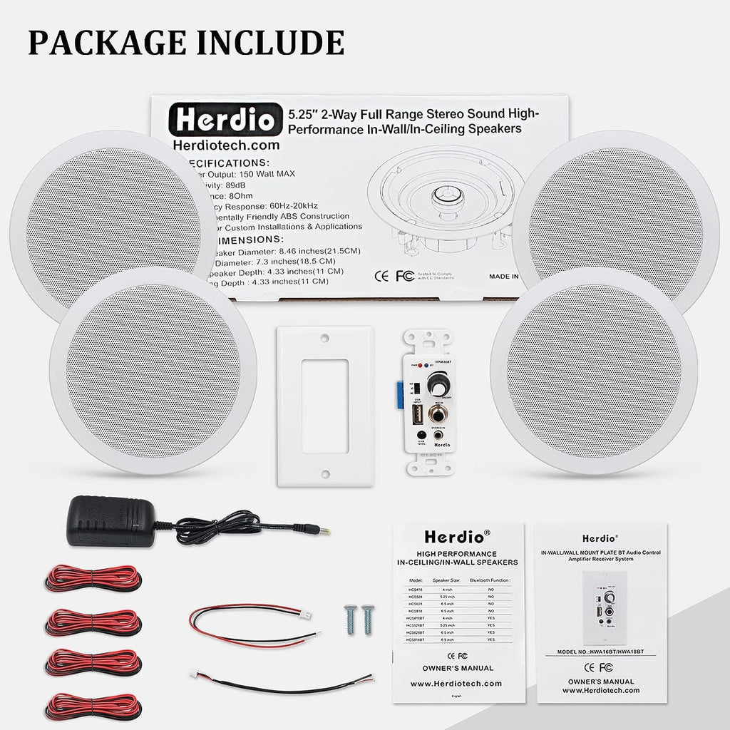 Herdio 5.25 Inch Bluetooth Ceiling Speakers Max Power 600W 2-Way Flush Mount Plus Wall Mount Amplifier Receiver Suitable for Home Theater Bathroom Living Room Kitchen Office(4 Speakers)