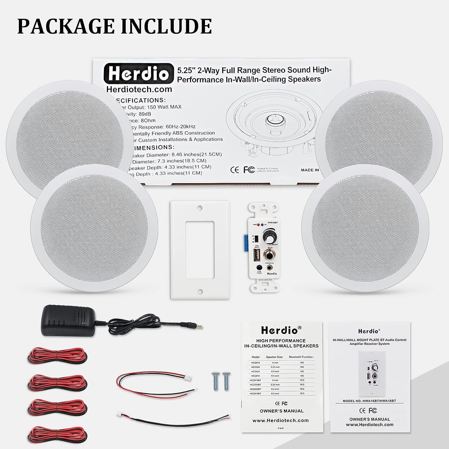 Herdio 5.25 Inch Bluetooth Ceiling Speakers Max Power 600W 2-Way Flush Mount Plus Wall Mount Amplifier Receiver Suitable for Home Theater Bathroom Living Room Kitchen Office(4 Speakers)