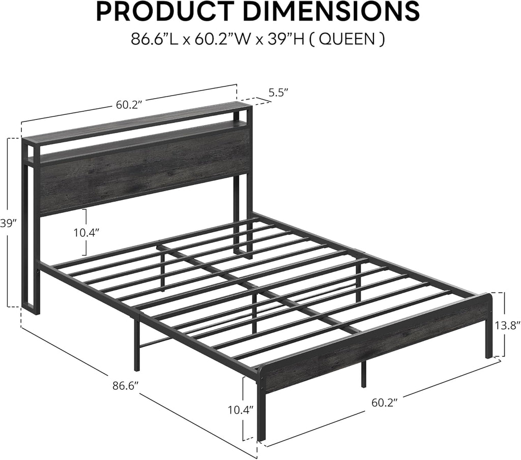 LIKIMIO Queen Bed Frame with Headboard, Dark Wood Camas Queen with Strong Supports, Sturdy, Noise-Free, No Box Spring Needed, Grey