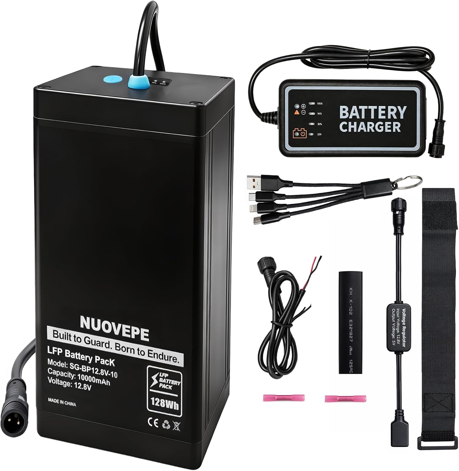 12V Portable Lithium Battery Kit with 4-in-1 Charging Cable, Waterproof Kayak Battery for Marine, Fishing, Kayak, Compatible with Fish Finder, GPS, Phone, Action Camera and Outdoor Devices