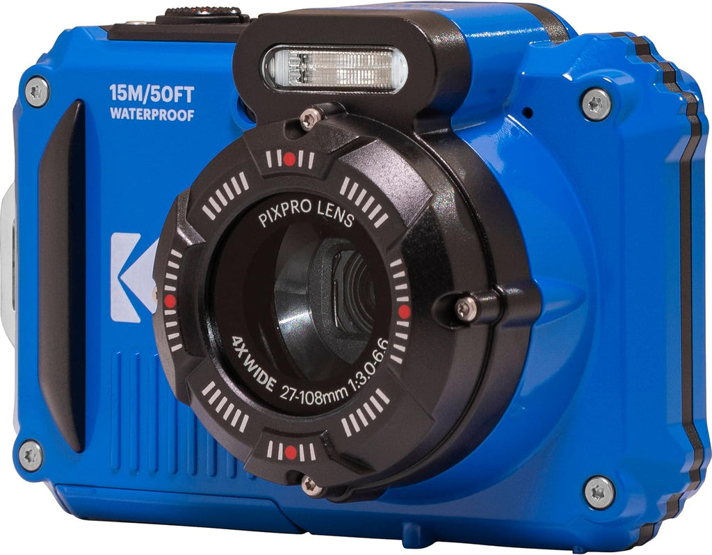 Kodak PIXPRO WPZ2 Rugged Waterproof Shockproof Digital Camera 16MP 4X Optical Zoom 1080P Full HD Video, 2.7 LCD (Blue), 32GB SD Card, Black Compact Camera Case, Floating Strap, Bundle (7 Items)