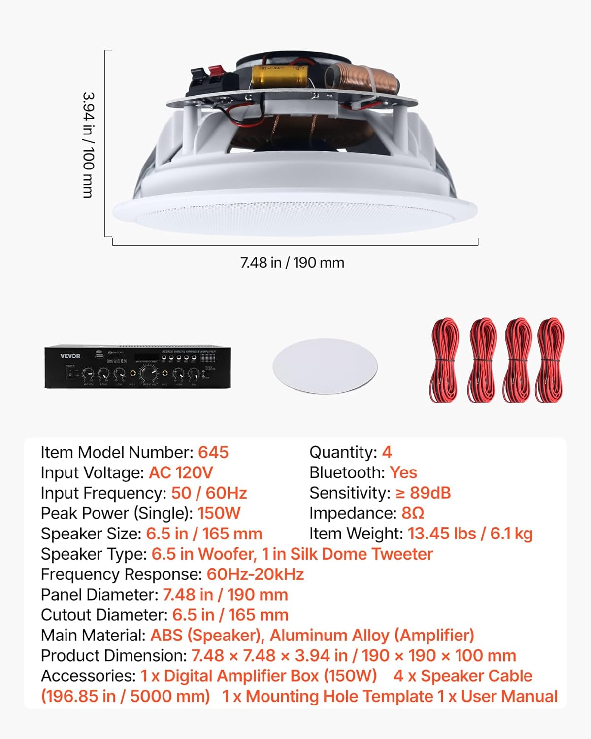 VEVOR Bluetooth Ceiling Speakers, 6.5", in Ceiling & in-Wall Speaker System with Amplifier, 2-Way, for Damp and Humid Placement, Home Theater, Covered Outdoor Patio and Flush Mount Wired, 4 Speakers