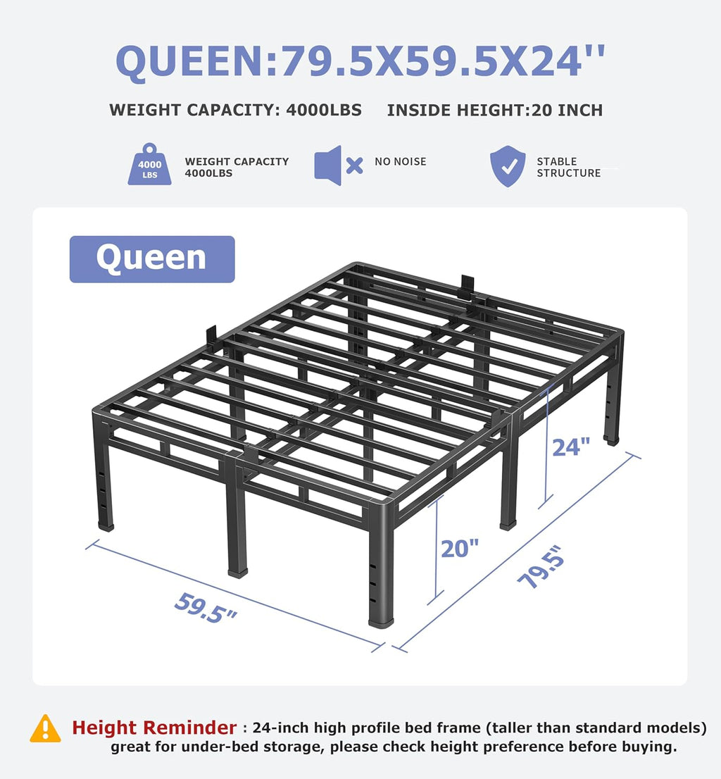 NKZ 24 Inch Queen Size Bed Frame, Metal Bed Frame & Box Spring 2 in 1 Platform with Round Corner Legs, 4000Lbs Heavy Duty Metal Frame, Mattress Slide Stopper, Headboard Hole, Noise-Free, Easy Assembly