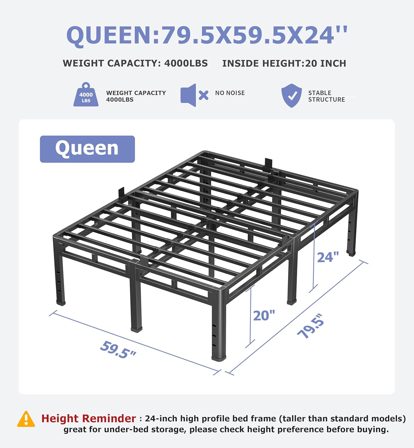 NKZ 24 Inch Queen Size Bed Frame, Metal Bed Frame & Box Spring 2 in 1 Platform with Round Corner Legs, 4000Lbs Heavy Duty Metal Frame, Mattress Slide Stopper, Headboard Hole, Noise-Free, Easy Assembly