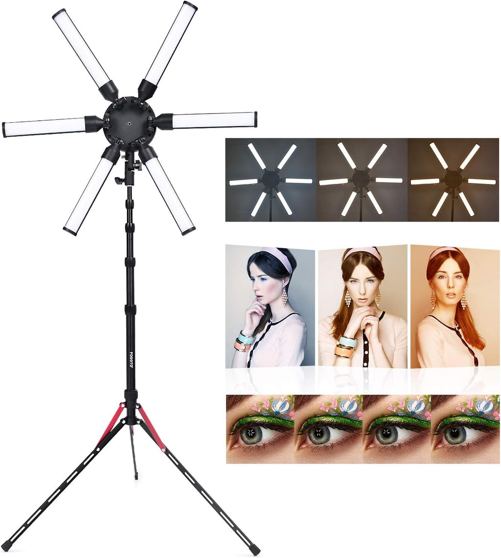 FOSOTO Photographic Lighting Dimmable 3200-5600K 6 Tubes LED Photography Star Light Lamp for Camera Photo Studio Phone Shooting, YouTube Makeup with Tripod Stand