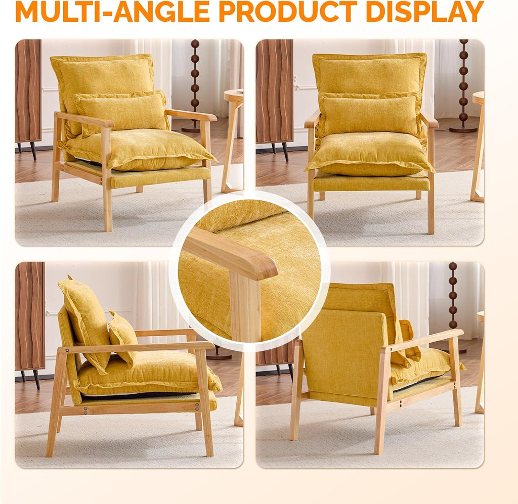 VINGLI Mid-Century Modern Cloud Accent Armchairs set of 2 with Lumbar Pillow, 6.3'' Thick Seat Cushion Reading Chairs with Wooden Armrests, Boho Lounge Chair for Bedroom, Living Room, Chenille, Yellow
