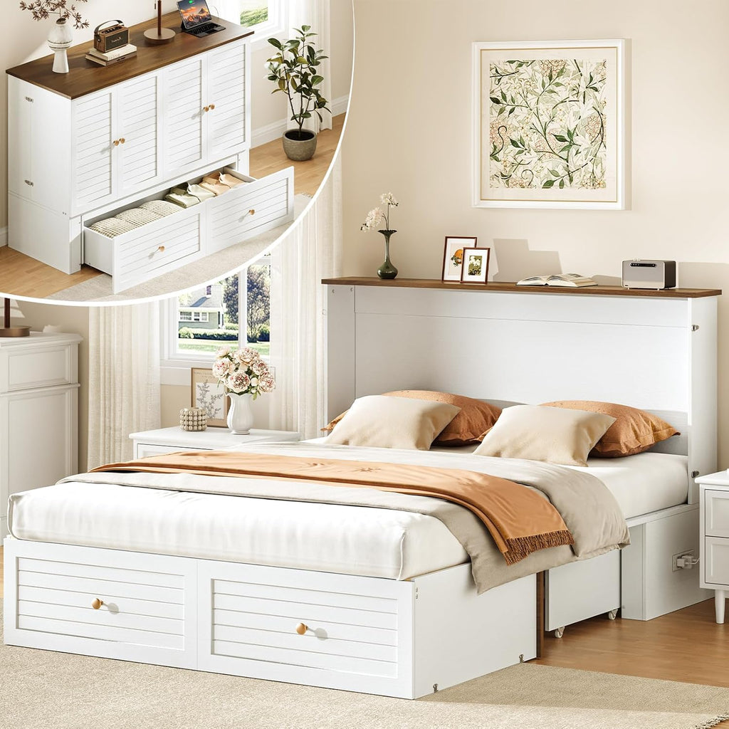 Yoobure Queen Murphy Bed with Charging Station - Modern Queen Bed Frame with Storage, Foldable Platform Cabinet Beds with Drawer, Wood Hideway Bedframe for Guest & Living Room, Bedroom, Office, White