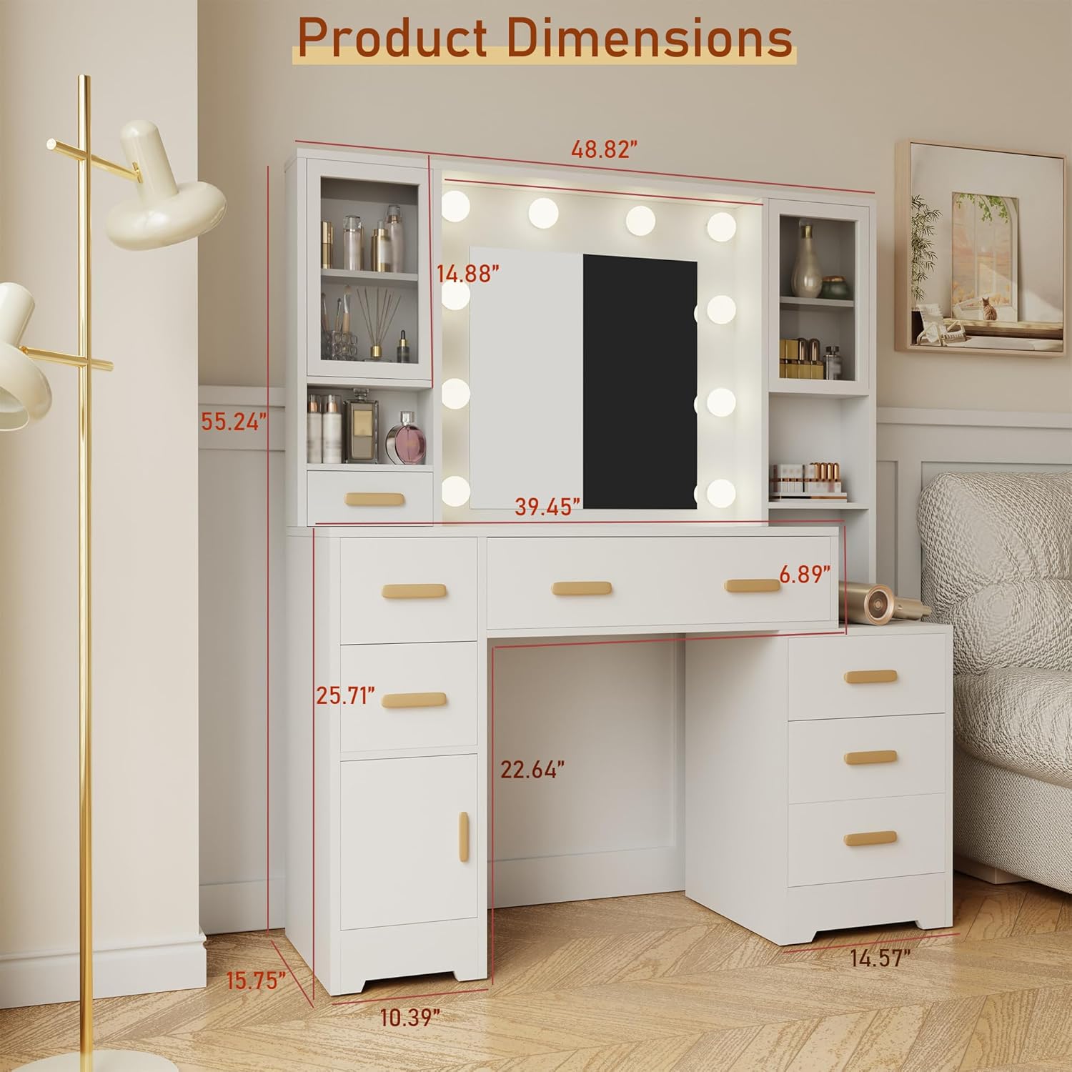 DYHOME Large Vanity Desk with LED Light Mirror & Power Outlet, 3 Lighting Modes, Adjustable Bright, White Makeup Vanity, 7 Drawers, 3 Storage Cabinet, Dressing Table for Women, Girls, Teens, Bedroom