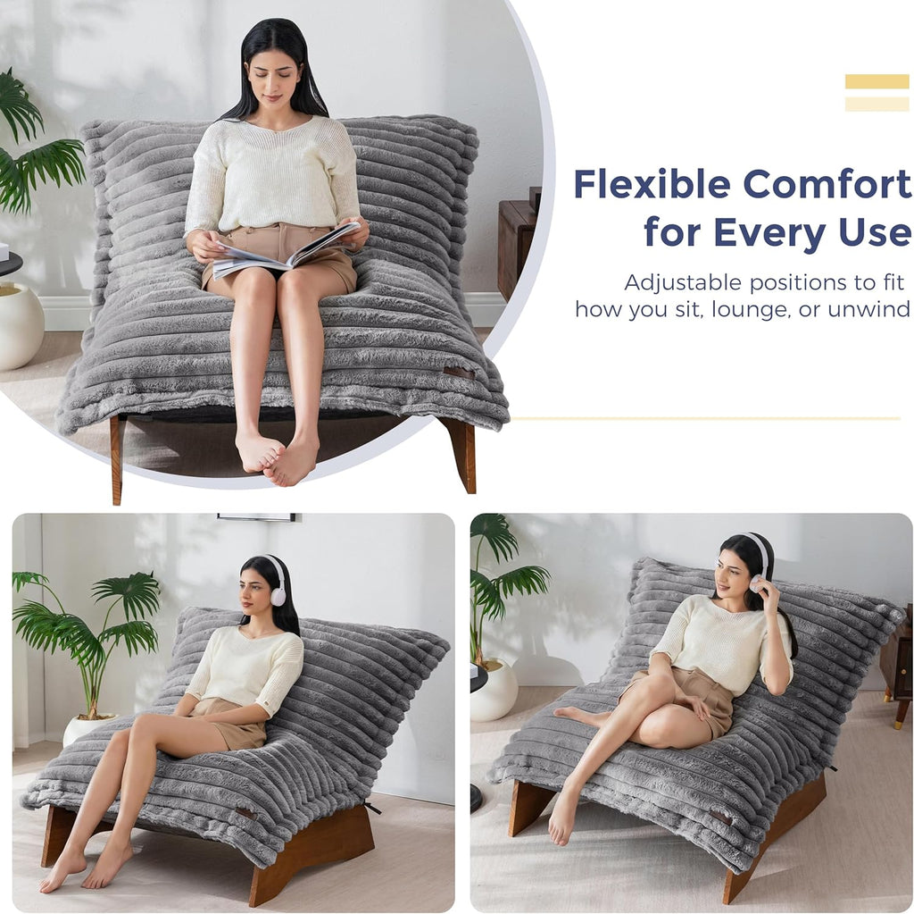 MAXYOYO Adjustable Living Room Chair, Convertible Bean Bag Chair & Recliner with Frame, Removable Cushion Floor Sofa Striped Fabric, Soft Upholstered Lounge for Bedroom, Dorm, Grey
