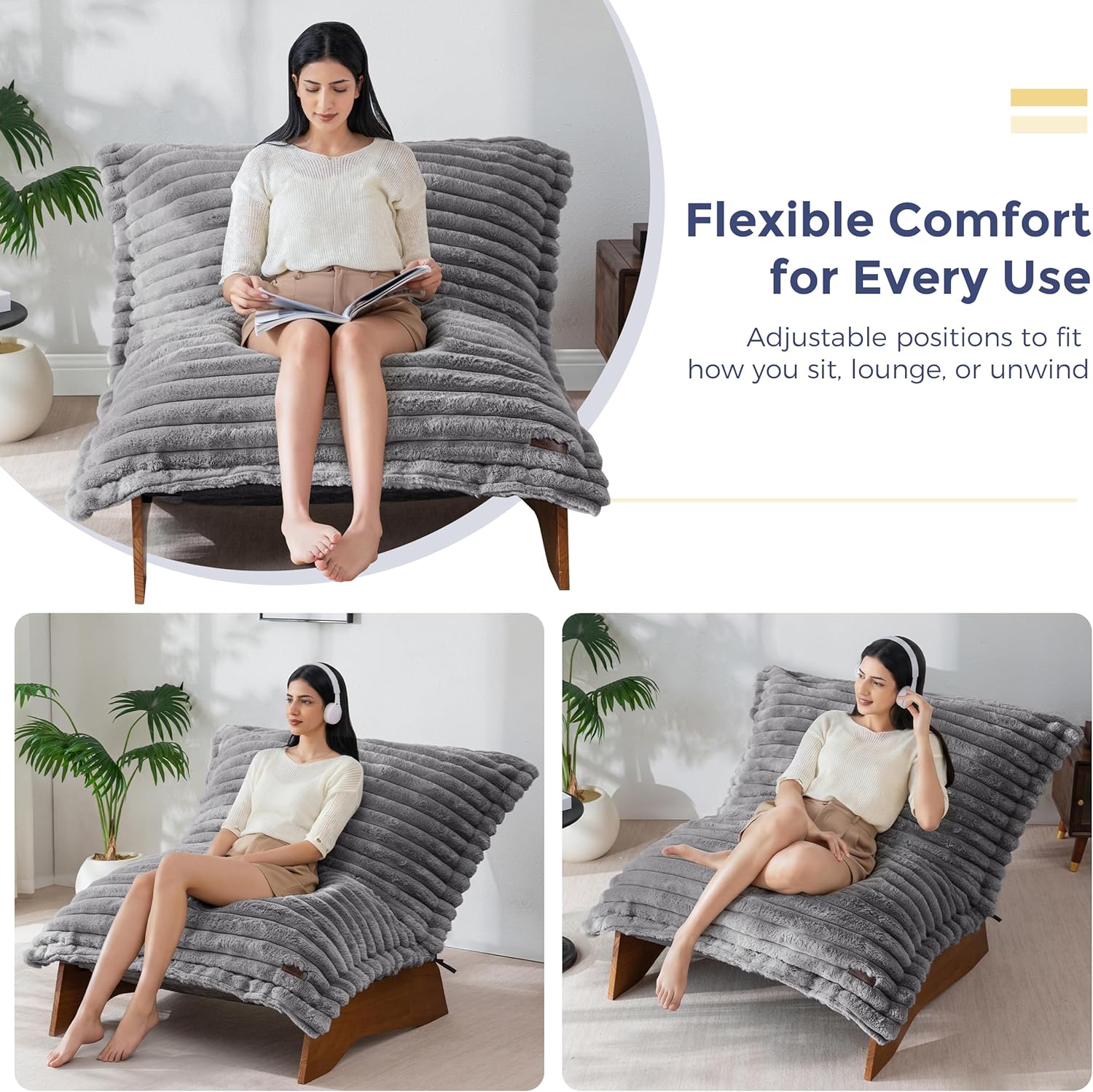 MAXYOYO Adjustable Living Room Chair, Convertible Bean Bag Chair & Recliner with Frame, Removable Cushion Floor Sofa Striped Fabric, Soft Upholstered Lounge for Bedroom, Dorm, Grey
