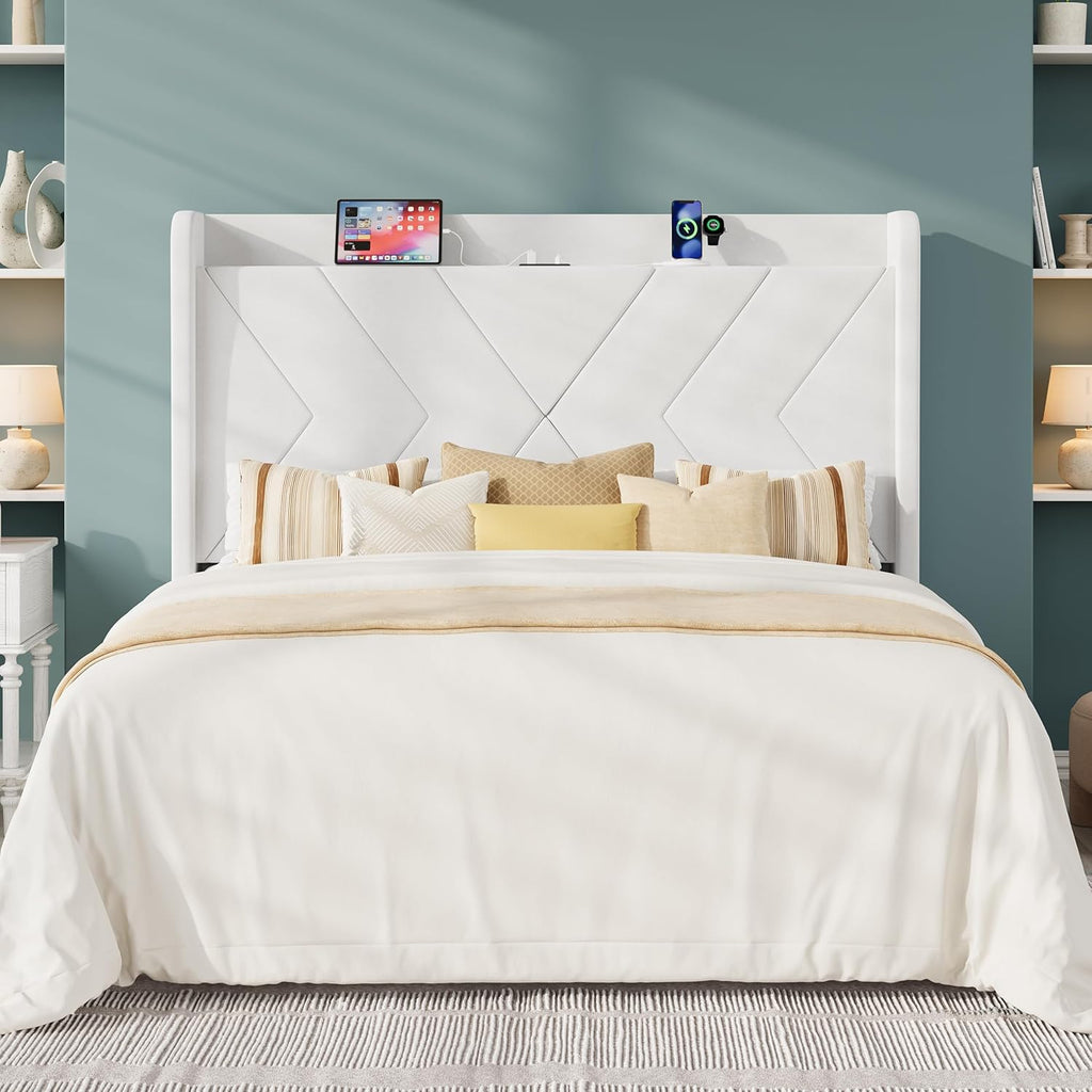 Allewie Full Size Platform Bed Frame with Charging Station and Storage Shelf/Upholstered Velvet Wingback Headboard/Wooden Slats Support/No Box Spring Needed/Easy Assembly, White