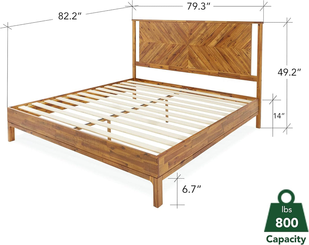 Bme Vivian 14 Inch Deluxe Bed Frame with Headboard, Rustic & Scandinavian Style with Solid Acacia Wood, No Box Spring Needed, 12 Strong Wood Slat Support, Easy Assembly, King, Rustic Golden Brown