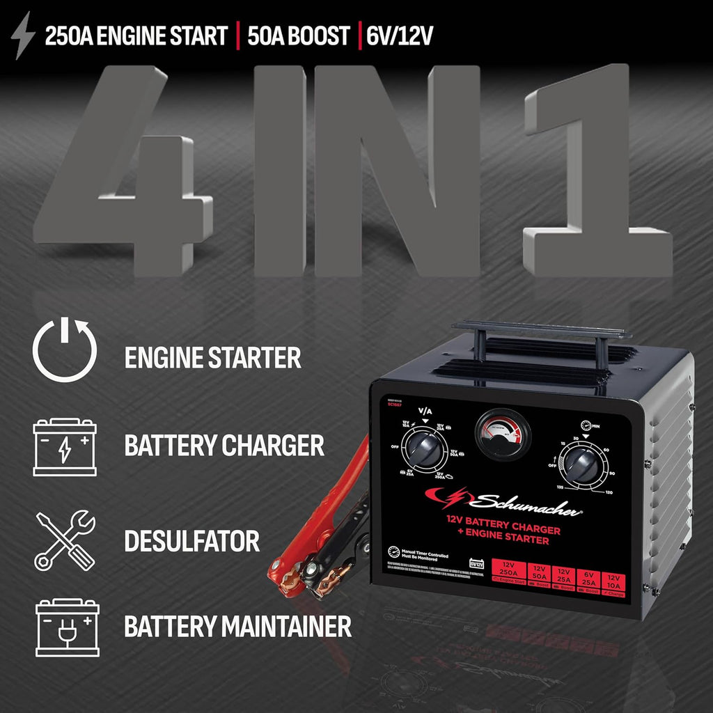 Schumacher Electric 6V/12V Time Controlled Battery Charger & Engine Starter - Precision Controlled Charger with 135-minute Timer & Overload Protection - 250 Cranking Amps & 3 Boost Modes - SC1667