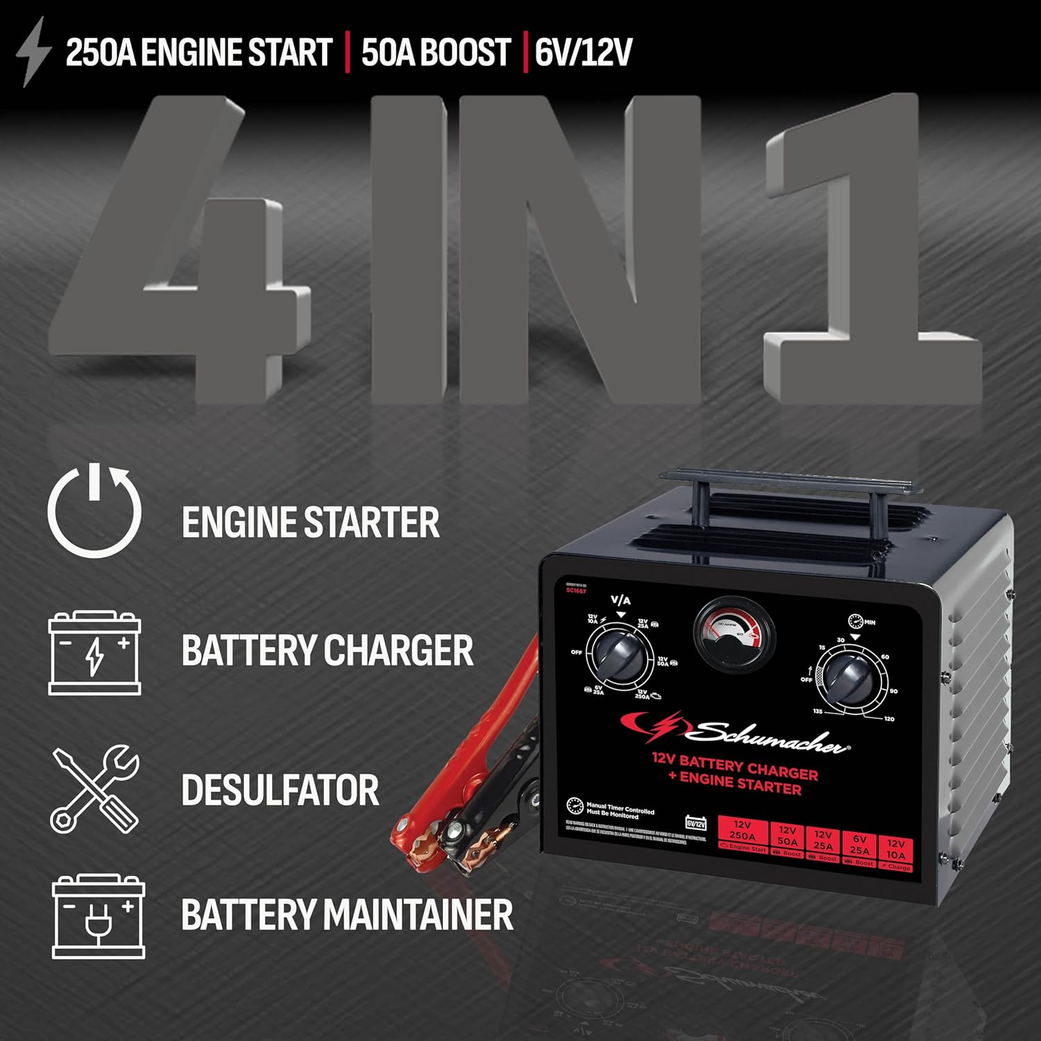 Schumacher Electric 6V/12V Time Controlled Battery Charger & Engine Starter - Precision Controlled Charger with 135-minute Timer & Overload Protection - 250 Cranking Amps & 3 Boost Modes - SC1667