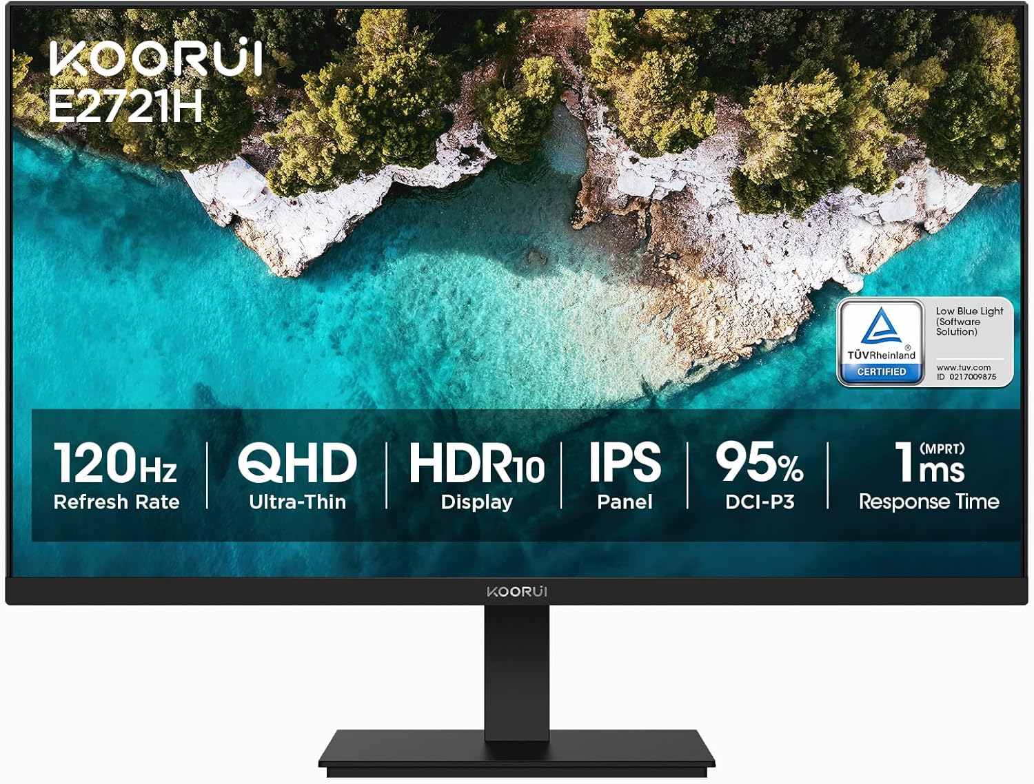 KOORUI 27 Inch QHD (2560x1440) IPS HDR Ultra-Thin Computer Gaming Monitor, 120Hz Refresh Rate, DCI-P3 95%, FreeSync & G-Sync, 1ms MPRT, VESA 100x100mm, Tilt Adjustable for Game and Work, E2721H