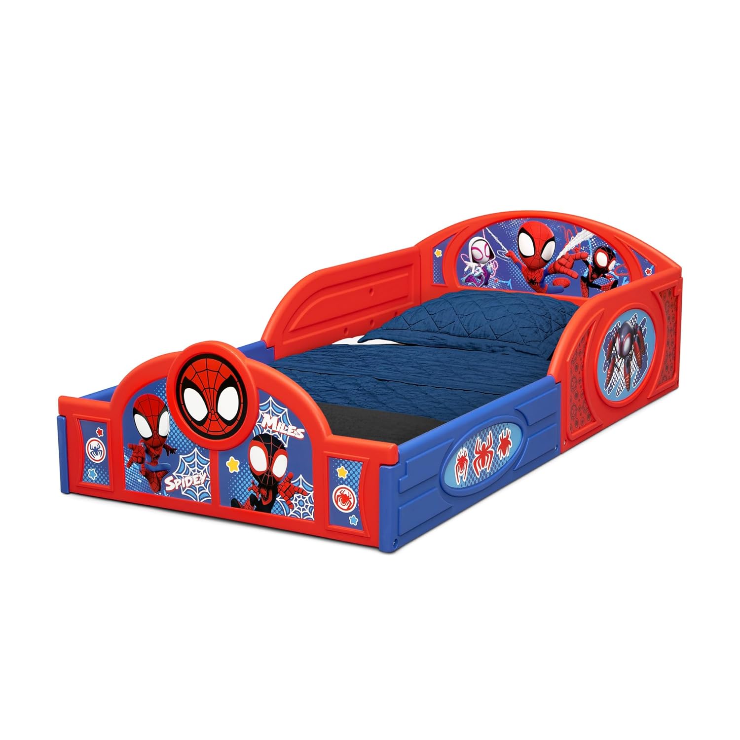 Delta Children - Marvel Spidey and His Amazing Friends 4-Piece Toddler Room-in-a-Box Set – Includes Sleep and Play Toddler Bed, Table, 1 Chair and Fabric Toy Box, Blue/Red