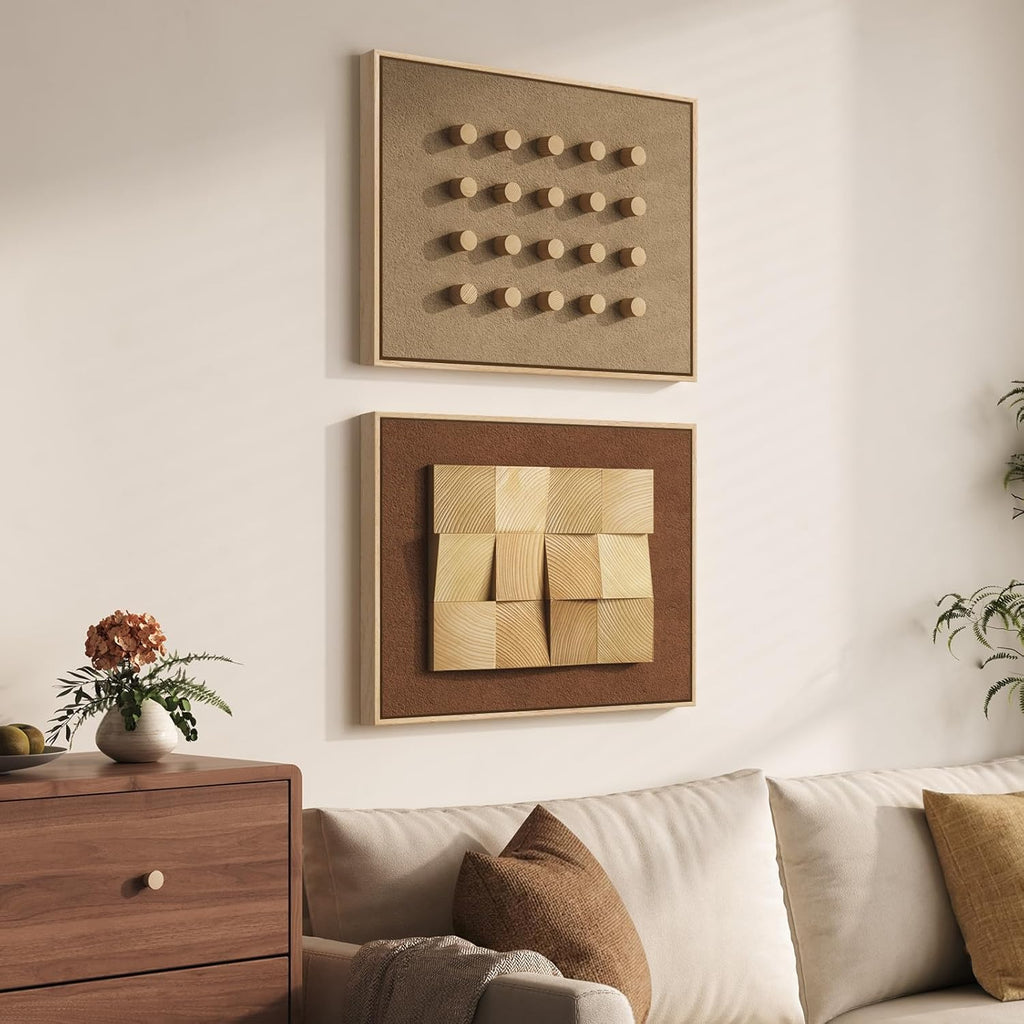 Framed Wood Wall Art Set of 2, Large 3D Textured Modern Minimalist Geometric Wooden Wall Decor, Neutral Brown Artwork for Living Room, Hallway, Dining Room, Bedroom, Office Aesthetic