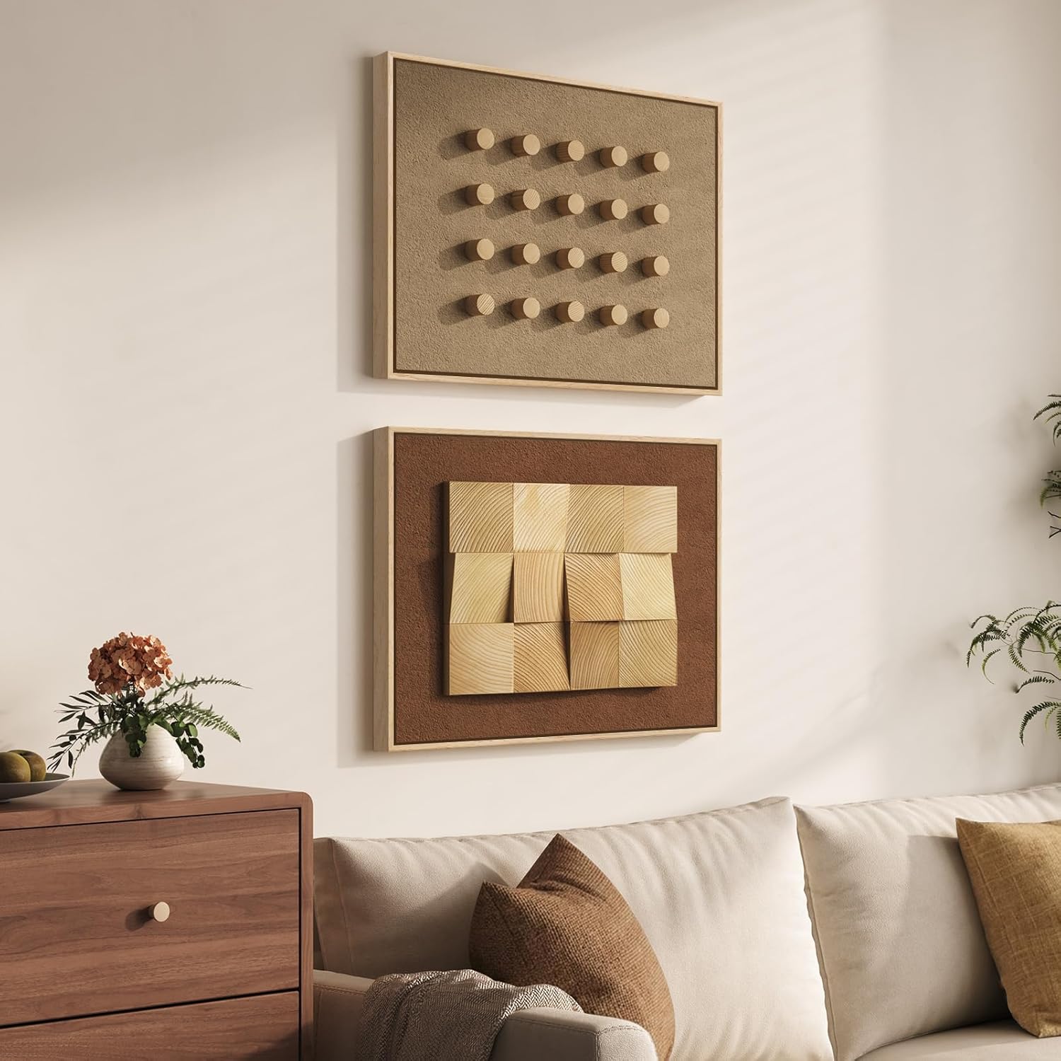 Framed Wood Wall Art Set of 2, Large 3D Textured Modern Minimalist Geometric Wooden Wall Decor, Neutral Brown Artwork for Living Room, Hallway, Dining Room, Bedroom, Office Aesthetic