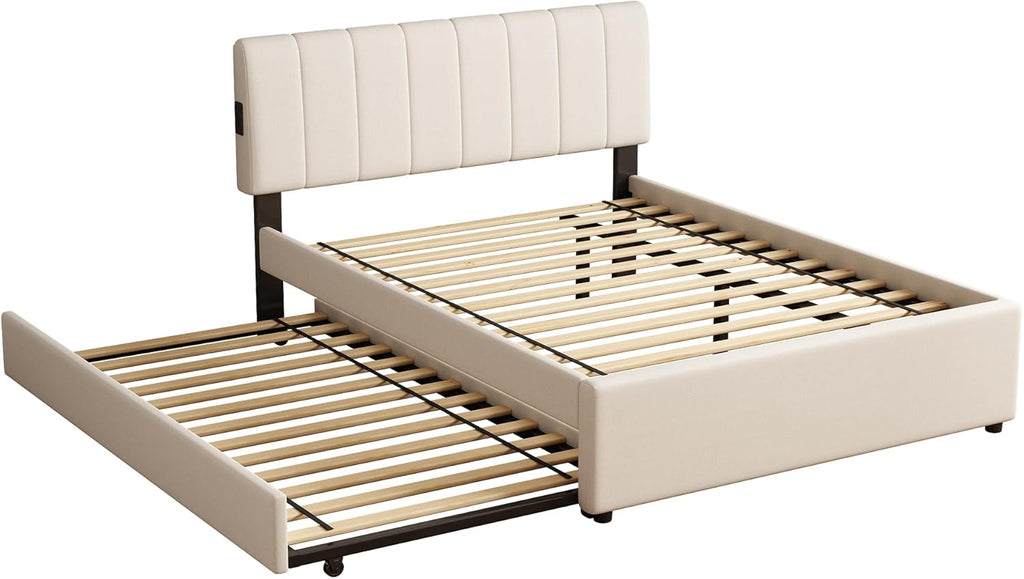 Full Size Upholstered Platform Bed with Trundle and 1 Sets of USB, Chenille Fabric Solid Wood Bedframe w/Wood Slats & LED Lights with APP for Bedroom,Beige