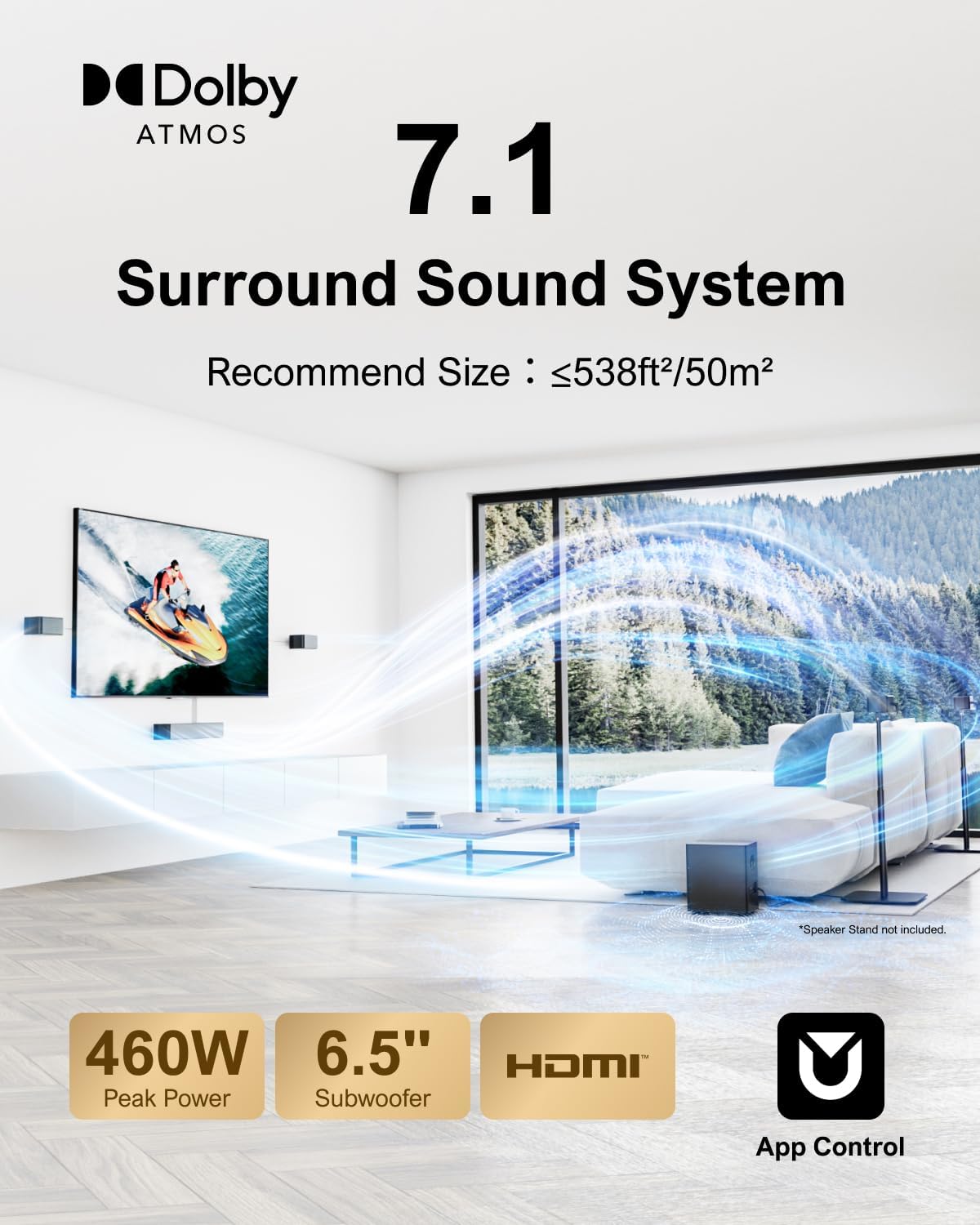 ULTIMEA 7.1Ch Soundbar with Dolby Atmos, APP Control, Surround Sound System for TV, 4 Wired Surround Speakers, Sound Bar for TV with 6.5" Wireless Subwoofer, Soundbar for TV, Poseidon D80 Upgraded