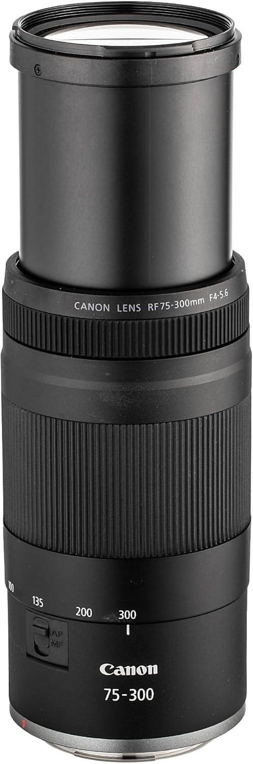 Canon RF 75-300mm F4-5.6 Telephoto Zoom Long-Range Autofocus Lens for EOS R Mirrorless Cameras + 58mm 3 Piece Filter Kit + Large Lens Bag + Cap Keeper + Cleaning Kit
