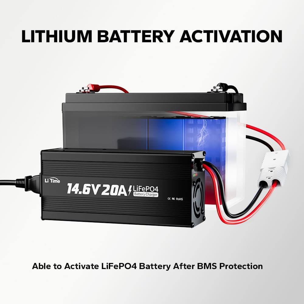 LiTime 12V 20A Lithium Battery Charger 14.6V LiFePO4 Battery Charger AC-DC Smart Charger with Anderson Connector LED Indicator for LiFePO4 Deep Cycle Batteries of RV, Homes, Off-grid and Solar Systems