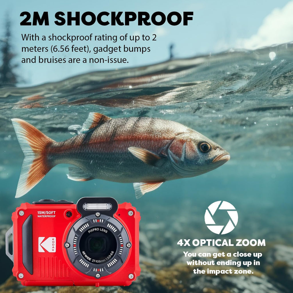 Kodak PIXPRO WPZ2 Rugged Waterproof Shockproof Digital Camera 16MP 4X Optical Zoom 1080P Full HD Video, 2.7" LCD (Red) Bundle with Camera Case, SanDisk 32GB microSDHC Card (4 Items)