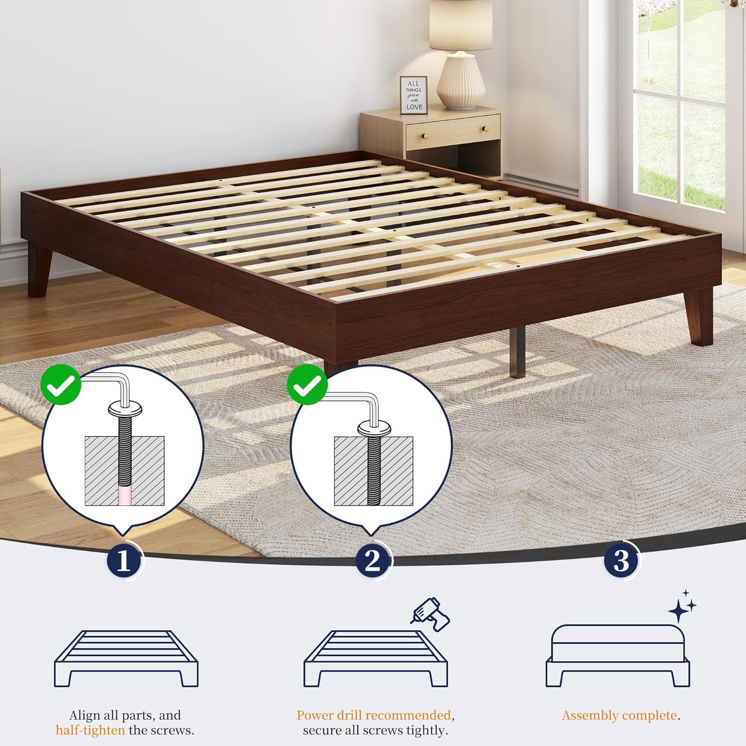 Yaheetech Full Bed Frame Natural Solid Wood Platform Bed with Wooden Slats Support, 12-inch Underbed Space for Storage, Noise-Free Design, Easy Assembly, Dark Walnut Finish