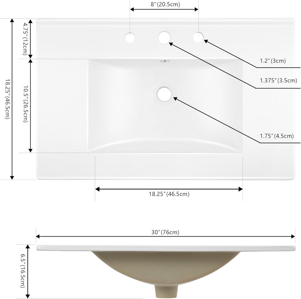 JONATHAN Y Ancillary White 30 in. W x 18.25 in. D Ceramic Vanity Sink Top with 3-Hole Rectangular Single Sink Basin SNK1002A