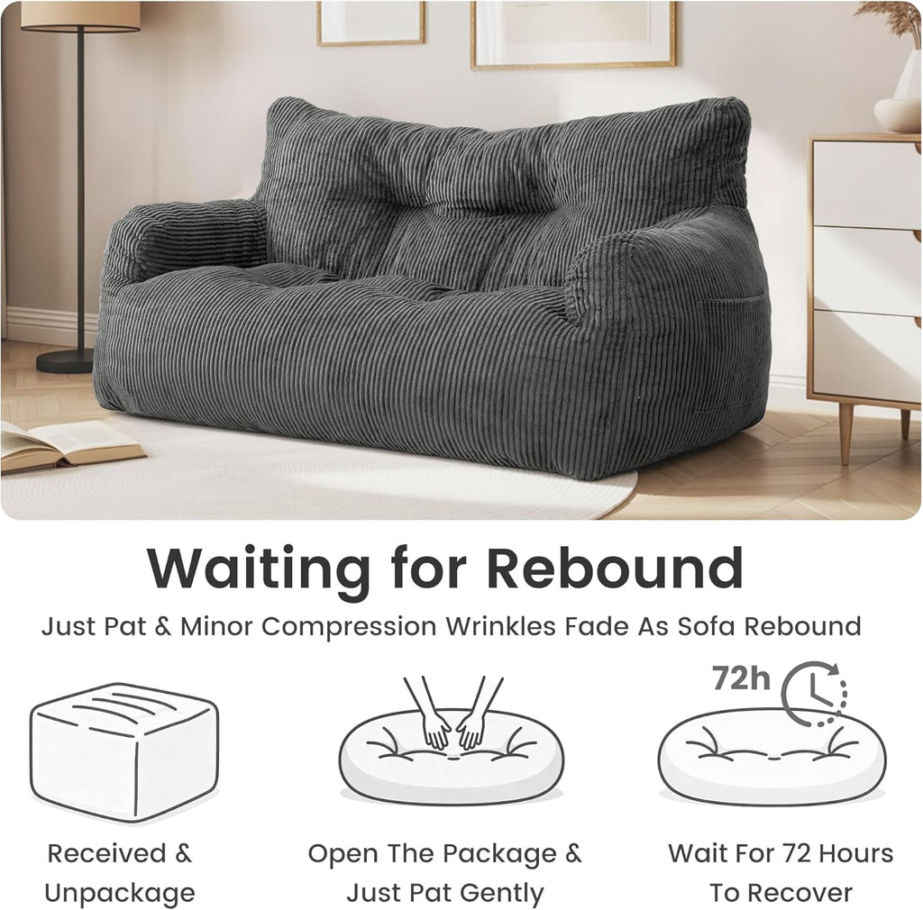Pamapic 59" Bean Bag Chair,2 Seat Loveseat Sofa,Ultra Soft Dutch Velvet,Fluffy Comfort Washable Cover,Corduroy Lazy Sofa Bed for Adults,Fit Living Room, Bedroom,Outdoor Spaces,72h Rebound,Gray