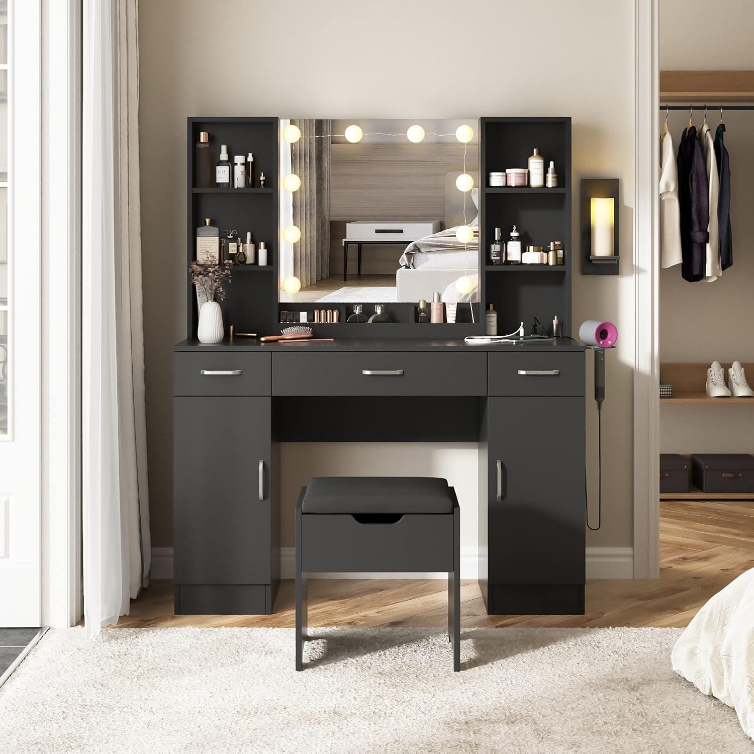 Vabches Makeup Vanity Table with Lighted Mirror & Power Strip, Large Vanity Set Vanity Desk with Storage Stool, 3 Lighting Modes, Brightness Adjustable, 45.2in(Large, Black)