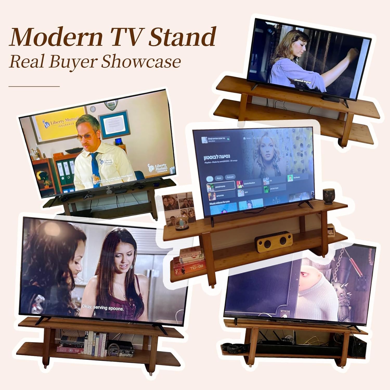 Tiita TV Stand with Storage for TVs up to 65'', Bamboo TV Console Entertainment Center with 2 Open Shelf, Mid Century Modern Media Console for Living Room, Bedroom, Walnut