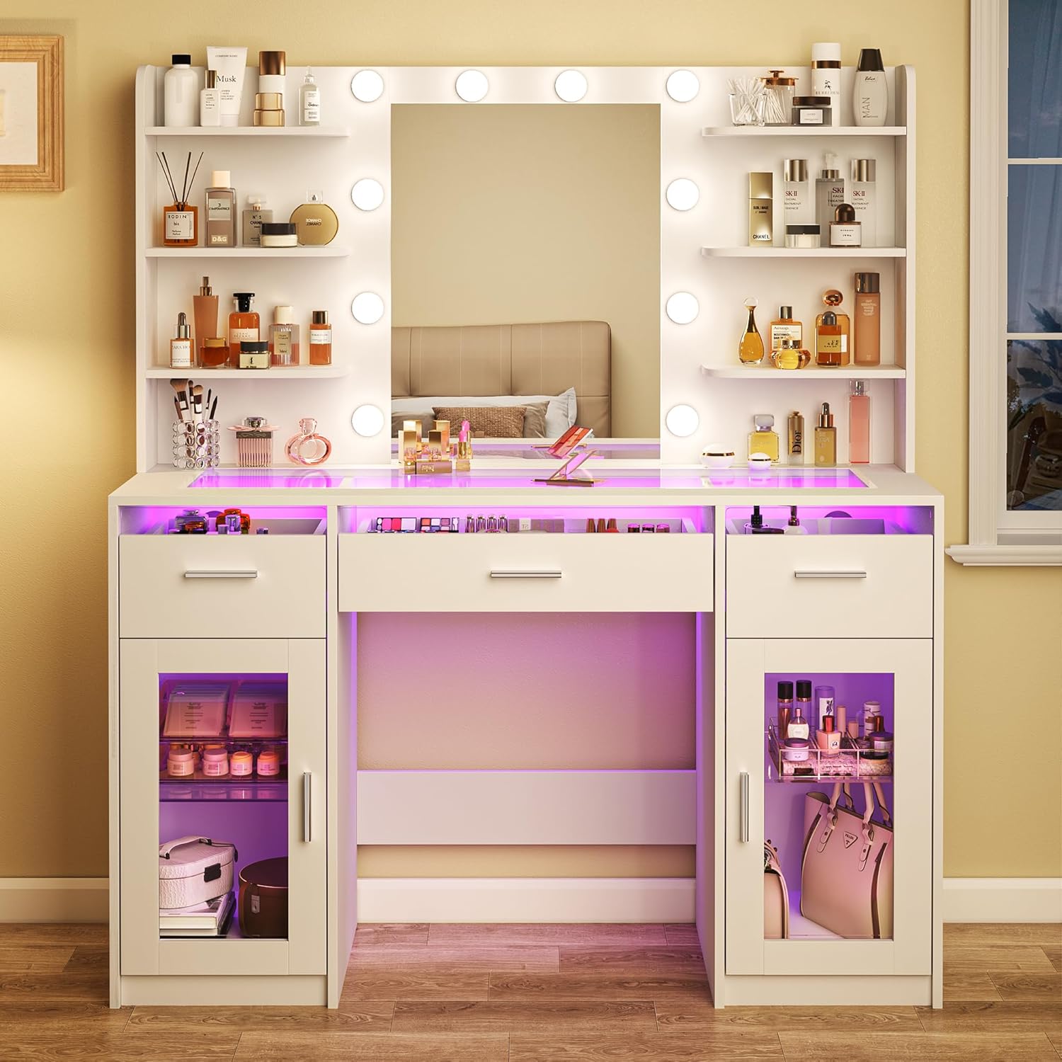 HUAHUU Vanity Desk, Makeup Vanity Desk with Mirror and Lights 3 Colors, Transparent Top with 3 RGB Drawers, 6 Shelves, 2 Large Tempered Cabinets, Power Outlet, for Bedroom, White
