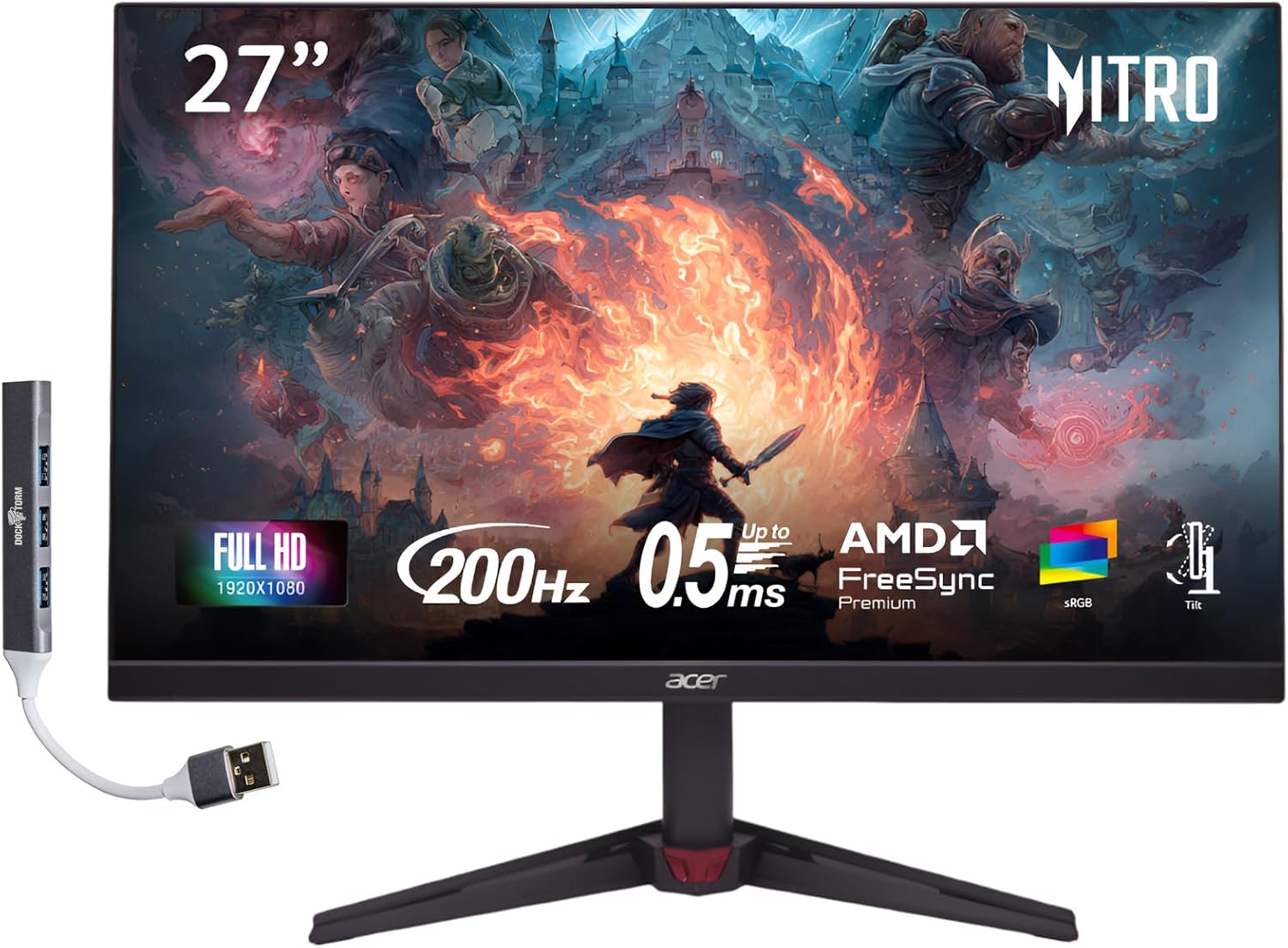 Acer Nitro 27" FHD IPS ZeroFrame Design Gaming Monitor Up to 200Hz, Up to 0.5ms, AMD FreeSync Premium, DisplayHDR10, sRGB 99%, VESA Mount, Displayport, HDMI & USB Hub, Black VG270X | UM.HV0AA.101