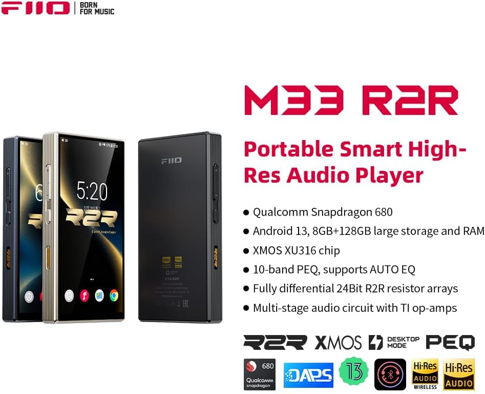 FiiO M33 R2R Portable HiFi Music Player, Snapdragon 680, 8GB RAM + 128GB Storage, True R2R DAC, XMOS XU316 USB Audio, 1100mW Balanced Output, AUTO EQ, 5.5” Full HD Display (Vintage Gold)