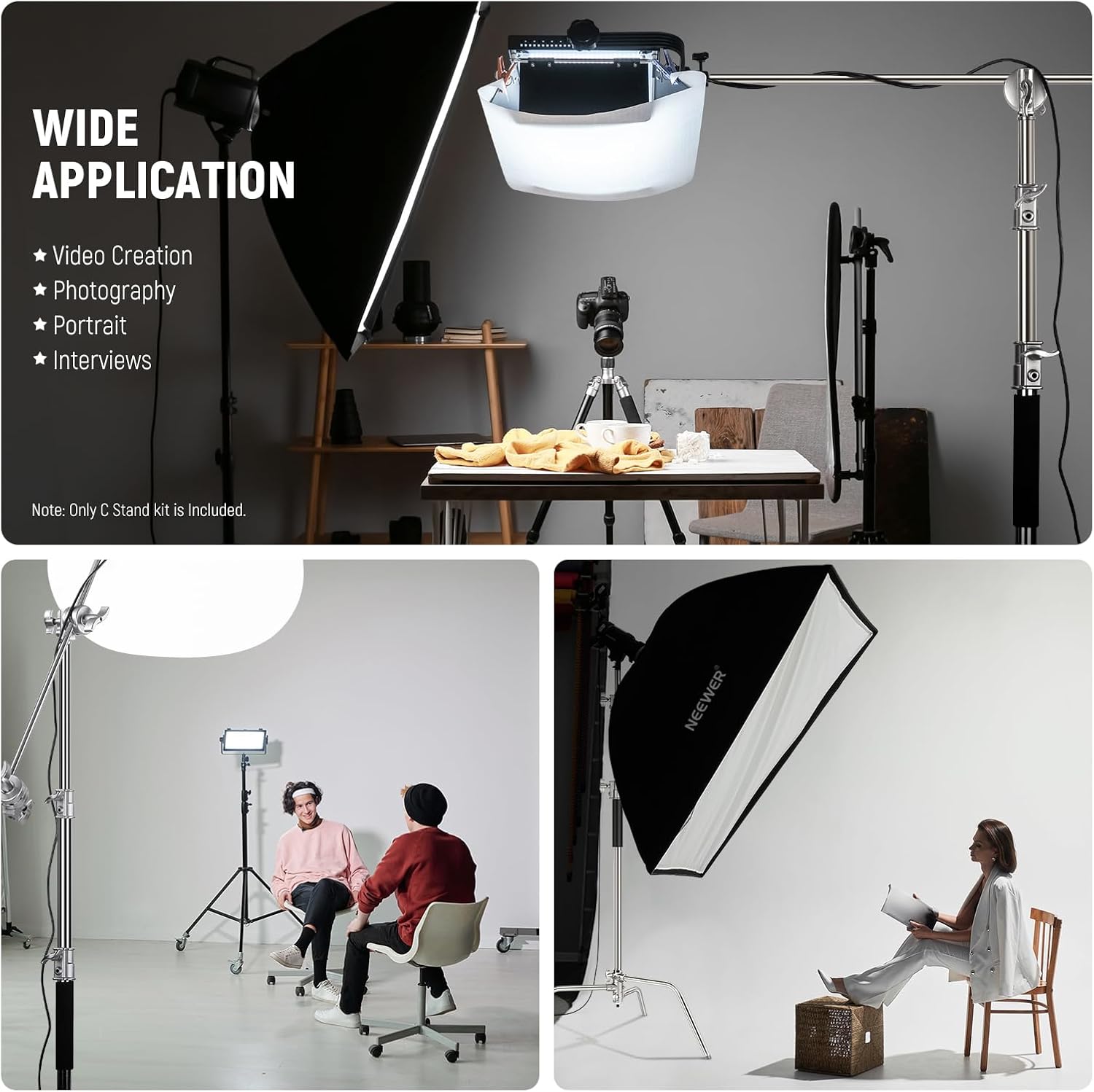 NEEWER Basics 100% Stainless Steel Heavy Duty C Stand with Boom Arm, Max 10.5ft/320cm Photography Light Stand, 4.2ft/128cm Holding, 2 Grip Heads for Studio Monolight Softbox Reflector, SC320 Lite