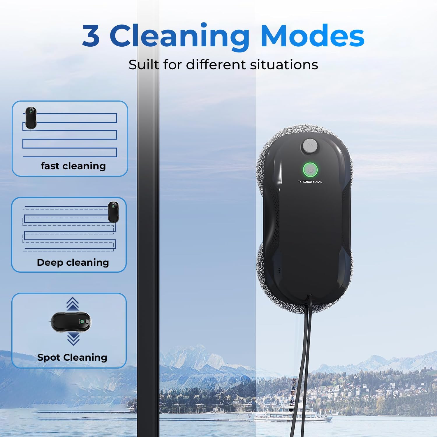 Tosima W5 Window Cleaning Robot, Dual Direction Auto-Spray Smart Window Cleaner with Triple Safety System, Smart Navigation, Remote Control, for All Smooth Surfaces, with 8 Rags, Black