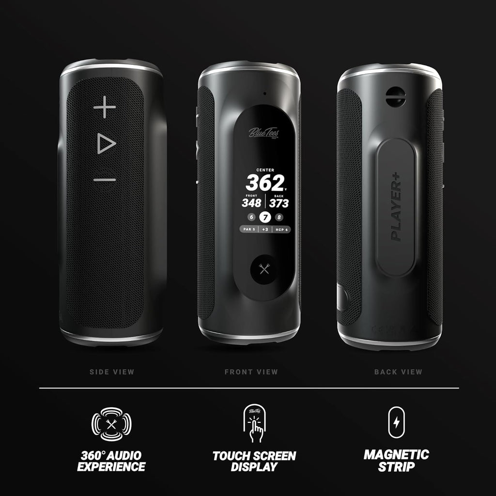 Blue Tees Golf Player+ AI-Powered GPS Speaker - Touchscreen Display, 10+ Hour Battery, 40,000+ Courses, Visual & Audible Distances, Hazard Detection, IPX7 Waterproof (Navy)