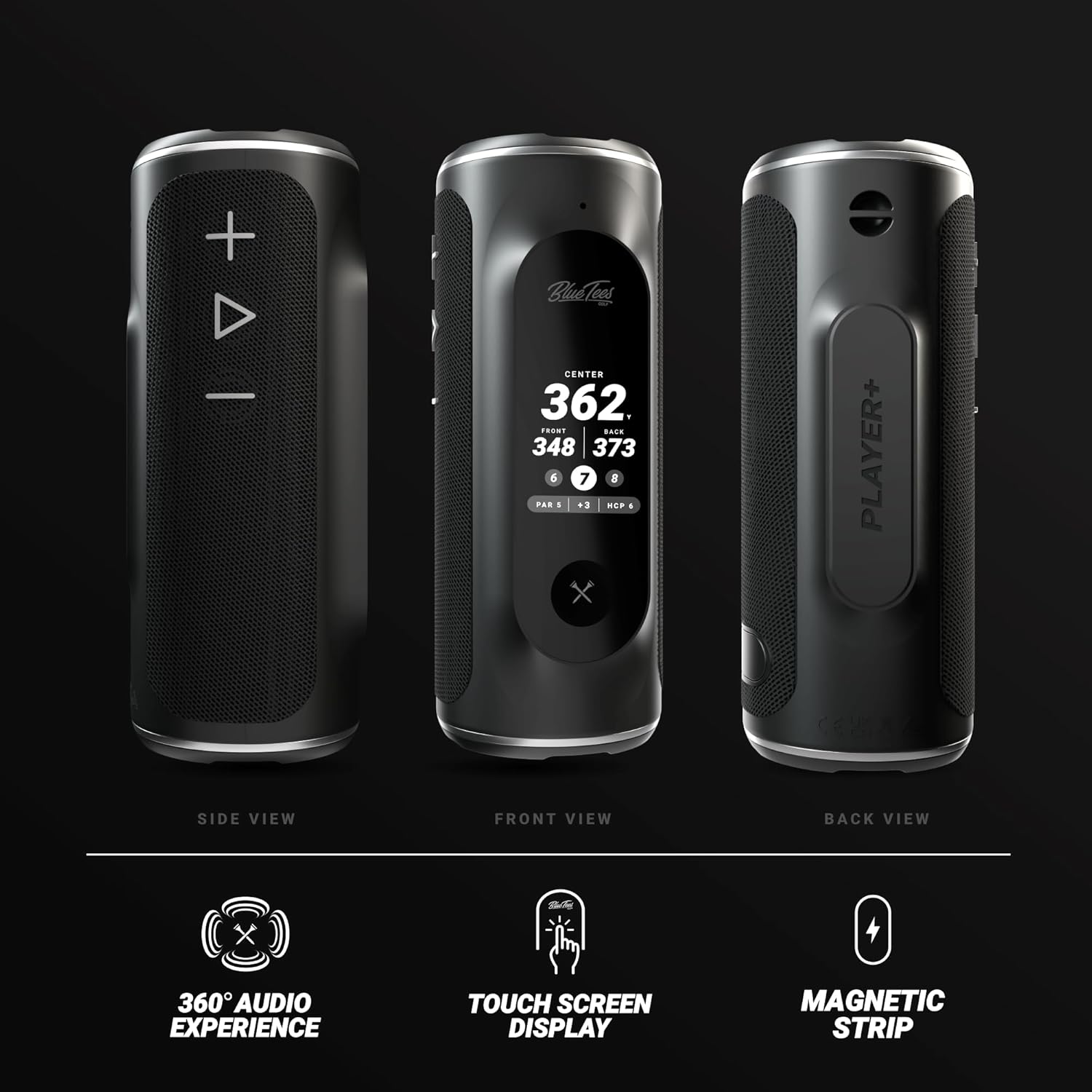 Blue Tees Golf Player+ AI-Powered GPS Speaker - Touchscreen Display, 10+ Hour Battery, 40,000+ Courses, Visual & Audible Distances, Hazard Detection, IPX7 Waterproof (Navy)