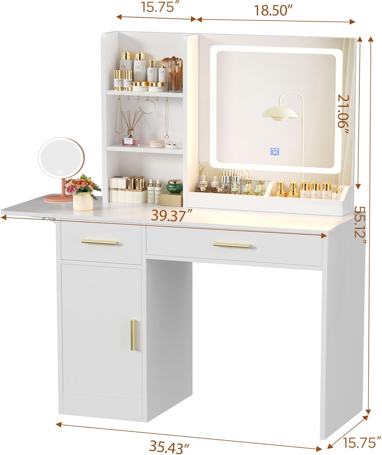ERLEJIA Vanity Desk with Mirror and Lights, 39.37" Makeup Desk with Power Outlet, 4 Drawers and Open Shelves Makeup Vanity with Extral Foldable Desk for Bedroom, White