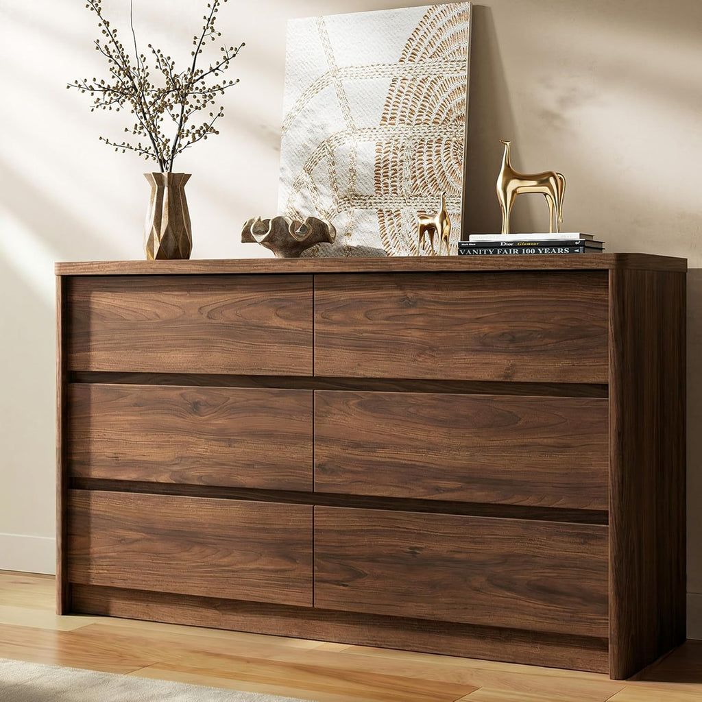3 Pieces of Dresser and Nightstand Set,47.2 Inch Width 6-Drawer Dresser & 2-Drawer Nightstands Set of 2,Nightstand with USB&Type C Charging Station&Outlets, Modern Design for Bedroom, Walnut