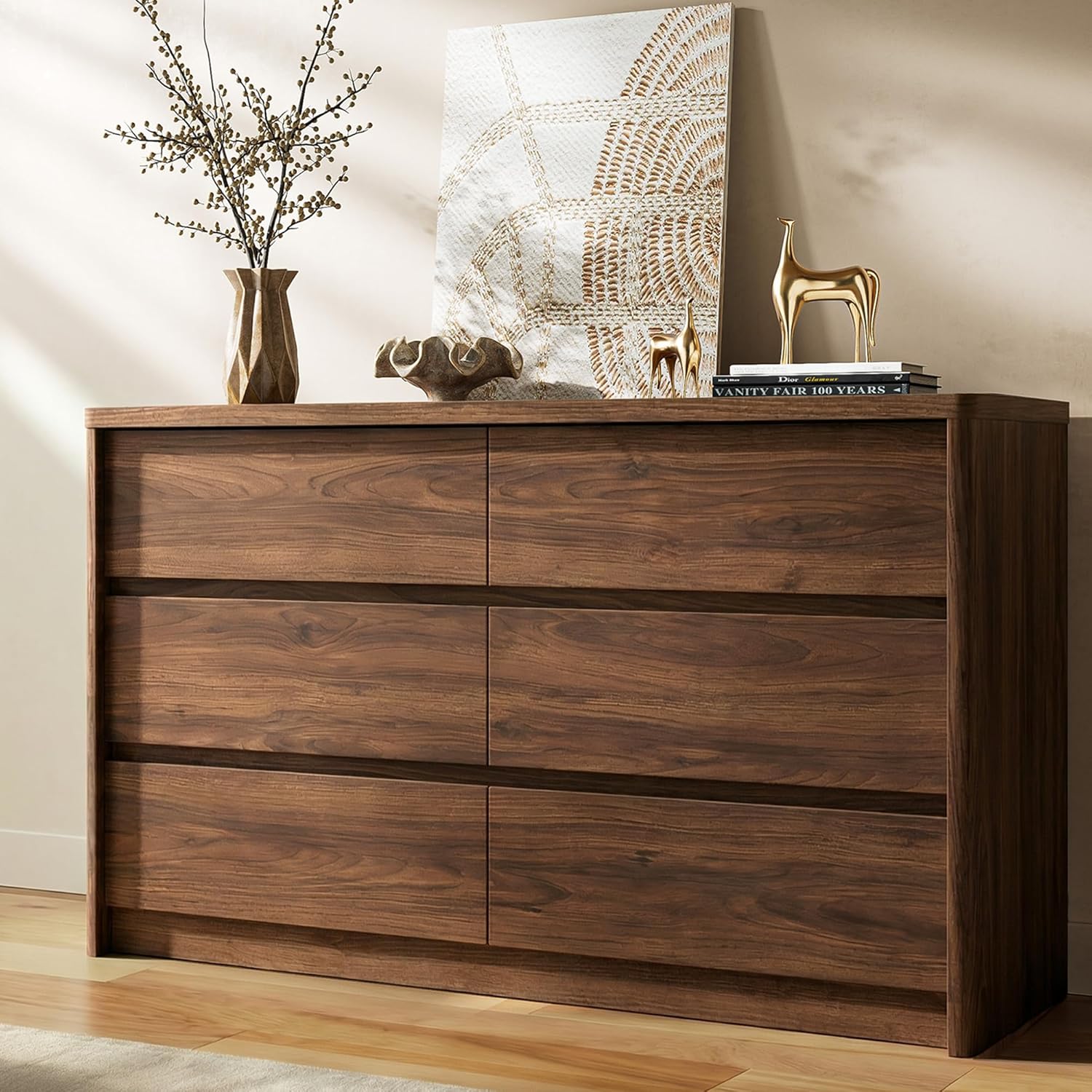 3 Pieces of Dresser and Nightstand Set,47.2 Inch Width 6-Drawer Dresser & 2-Drawer Nightstands Set of 2,Nightstand with USB&Type C Charging Station&Outlets, Modern Design for Bedroom, Walnut